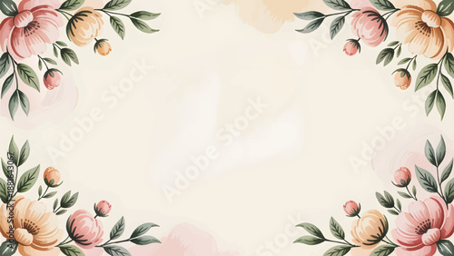 Elegant watercolor floral border on cream background, Vintage botanical flower frame for wedding invitation, Pastel garden blossom background with hand painted leaves, Romantic spring floral template 
