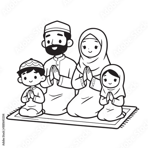 Cute family praying ramadhan coloring pages coloring book logo icon vector illustration Ramadan Mubarak  kareem, Eid Al fitr Islamic moslem