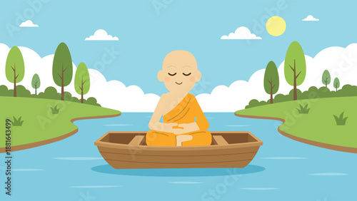Buddhist Monk Meditating in a Wooden Boat on a River flat 2d style. Peaceful Zen Scene: Young Monk Practicing Mindfulness on a Calm Lake.Nature Background with Meditating Monk in a Rowboat