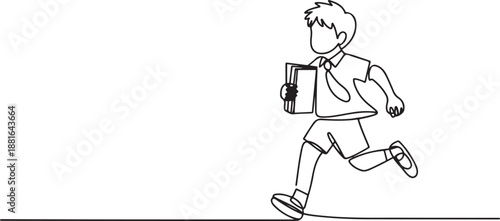 schoolboy in a uniform running and holding a book.one line vector illustration with white background