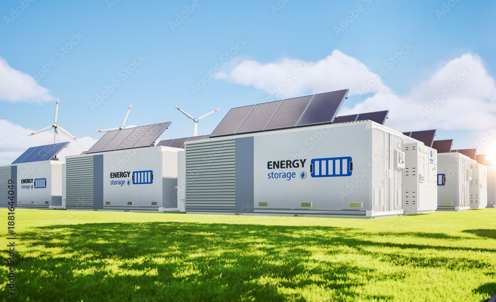 Obraz premium Group of energy storage systems or battery container units with various sources of energy