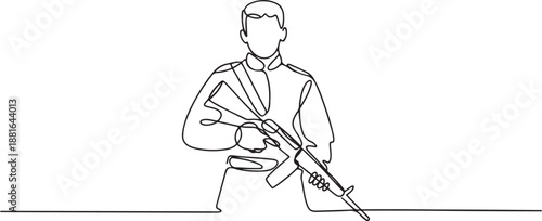 Single continuous line drawing of young male soldier pose standing and holding weapon.one line vector illustration with white background