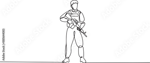 Single continuous line drawing of young male soldier pose standing and holding weapon.one line vector illustration with white background