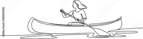 woman rowing canoe.one line vector illustration with white background