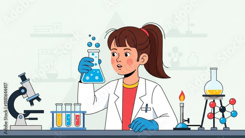 A young girl in a lab coat conducting a science experiment with various equipment