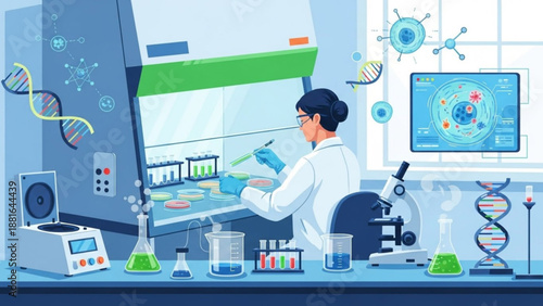 A scientist working in a laboratory with various scientific equipment and DNA models