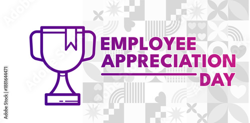 Employee appreciation day banner with trophy and abstract pattern
