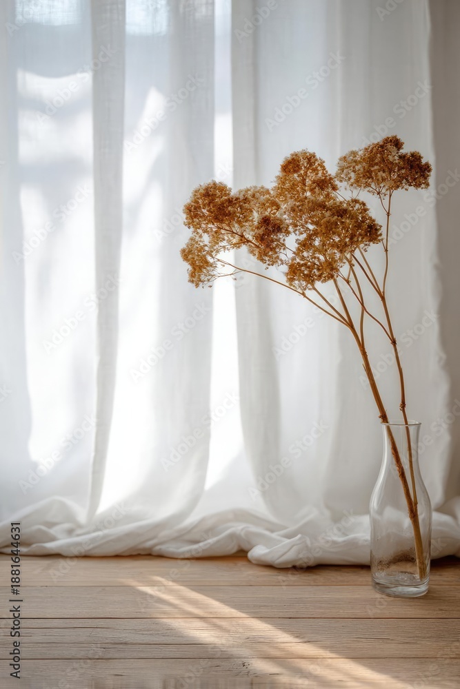 Fototapeta premium Dried flowers in a tall clear glass vase on a wooden floor, bathed in soft light from sheer white curtains. Concept Dried Flowers, Glass Vase, Soft Natural Light, Wooden Floor, Sheer Curtains