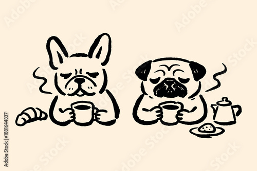 Dogs coffee time doodle line art vector illustration