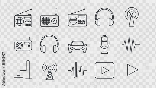 A set of vector icons representing various audio and media symbols