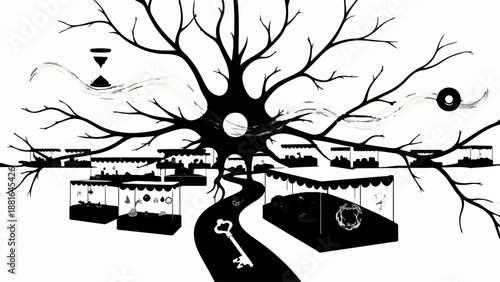 Abstract tree of knowledge with glowing orb and winding path to discovery