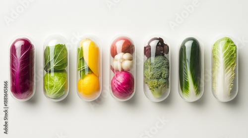 Fruits and vegetables encapsulated in clear capsules, healthy nutrition for dietary