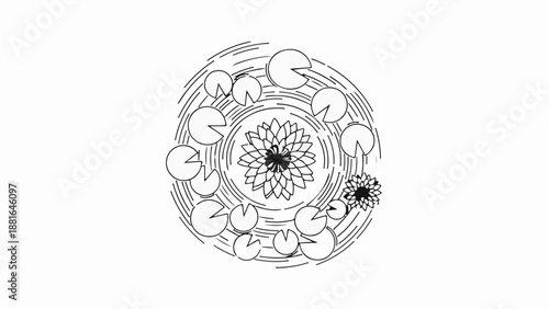 Stylized circular pattern of blooming water lilies and lily pads on rippling water.