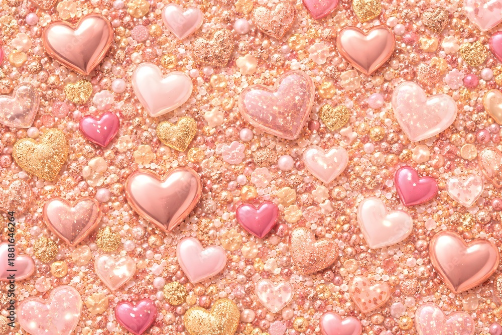 Obraz premium Rose gold pearl heart glitter texture luxury romantic background with shiny pink and gold hearts, romantic luxury style for valentine design, wedding decoration, beauty branding and love celebration.