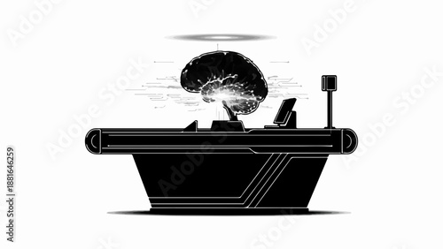 Futuristic holographic display projects a glowing brain and data streams on a science lab table.