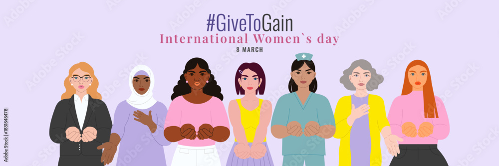 Fotografie Horizontal vector banner with female figures in flat style