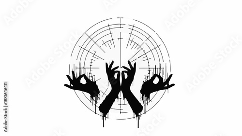 Mysterious hands forming mudras within a target graphic, evoking focus and control.