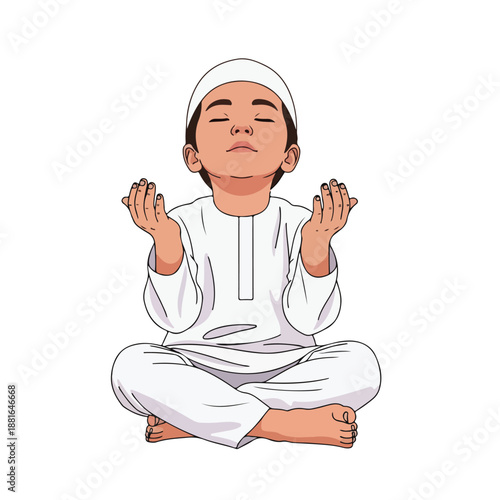 Young Muslim boy in white traditional attire, sitting with hands raised in a heartfelt prayer, embodying devotion and spiritual connection