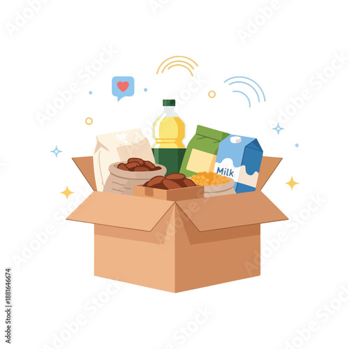 Food box delivery service with groceries, cooking ingredients, and fresh produce arriving in a package for home consumption, highlighting nourishment and convenience