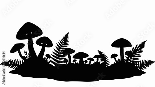 Whimsical silhouette of forest mushrooms and ferns in a natural setting.