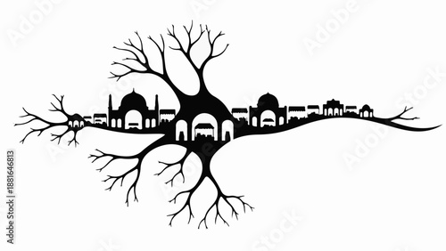 Symbolic silhouette of a city skyline integrated with a branching tree