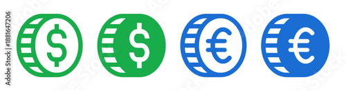 Dollar and euro currency coins in different colors