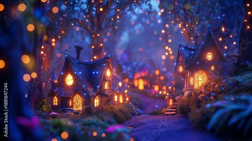 Enchanted fairy village with glowing windows nestled in a whimsical garden at dusk