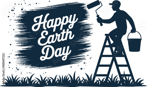 Silhouette of a person painting Happy Earth Day message on a textured background with a roller