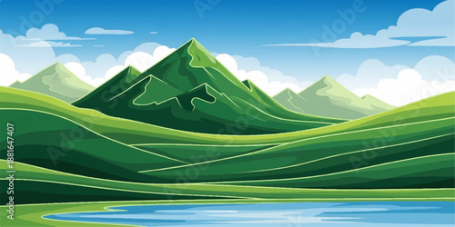 Panoramic summer landscape featuring high snow peaks and green hills under a blue sky with clouds over a scenic mountain valley forest