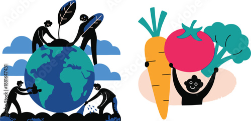 Small figures actively planting and watering a giant Earth globe showing environmental care