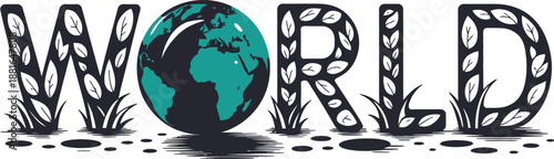 The word WORLD is creatively displayed with a green planet earth as the letter O and leaves