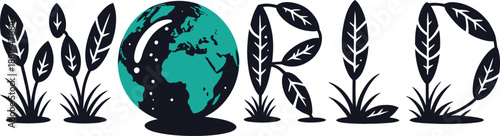 The word WORLD is creatively spelled using a global map and lush green plant foliage elements