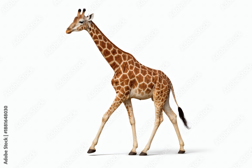 Obraz premium Giraffe Walking Wildlife Graceful giraffe mid step with one leg lifted isolated on white background