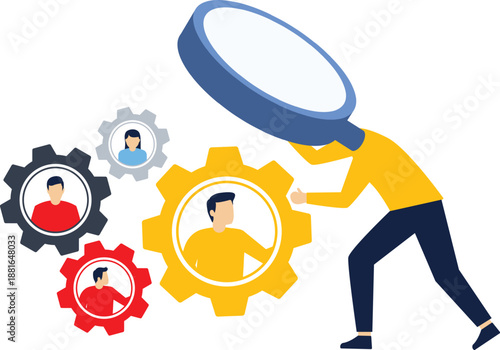 Check human resources. Businessman uses a magnifying glass to inspect employee mechanics. Vector

