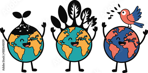 Three happy cartoon Earth characters personified with nature elements, showing a sprout, green leaves, and a singing blue bird