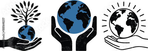 Three monochrome icons illustrate global environmental care with hands holding a blue earth and growing trees
