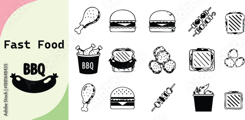 Collection of various fast food and bbq icons featuring burgers, chicken, and skewers