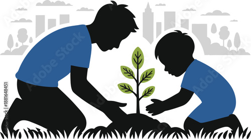 Two people planting a small green tree sapling into the ground with a city skyline