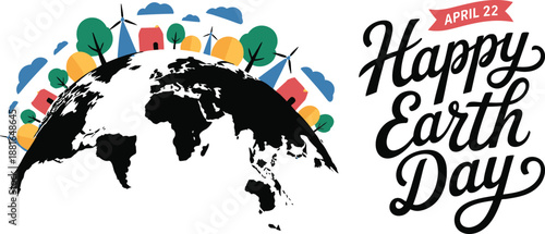 Vibrant illustration showing a cityscape with trees and wind turbines surrounding a world globe celebrating Earth Day