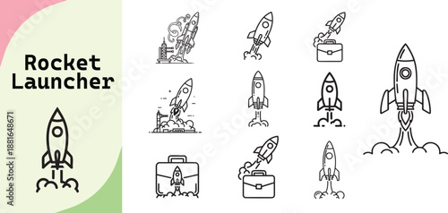 Rocket launcher and startup icon set depicting business growth and innovation concept