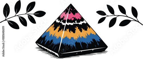 Vibrant multi colored pyramid stands tall with black leafy branches framing it symmetrically