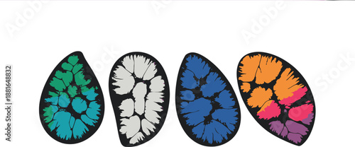 Vibrant set of four teardrops showcasing internal branch and leaf patterns in diverse hues
