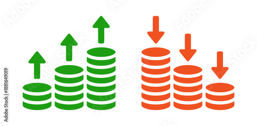 Financial growth and loss chart with coins stacks