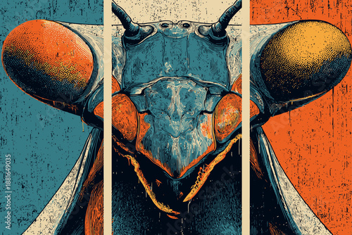 Stylized Leopard Mantis Illustration with Blue and Orange Color Contrast