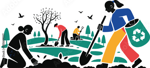 Volunteers collaborate on environmental conservation, planting young trees and picking up litter in a green park