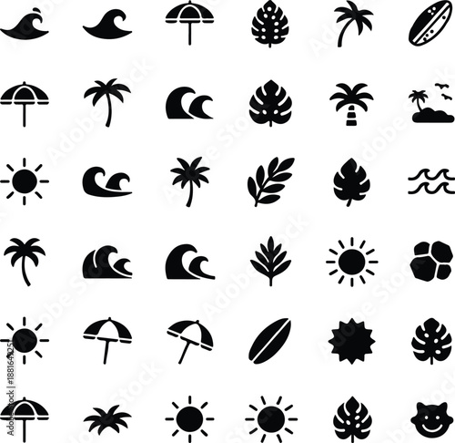 Tropical Icon Collection: An array of tropical icons, meticulously designed in minimalist monochrome, invites viewers to the world of summer, beaches, and sunny landscapes.