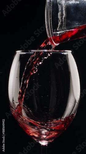 Close-up slow motion of red wine being poured into a clear glass on black background. Elegant liquid motion, rich color and texture of wine captured in macro detail.