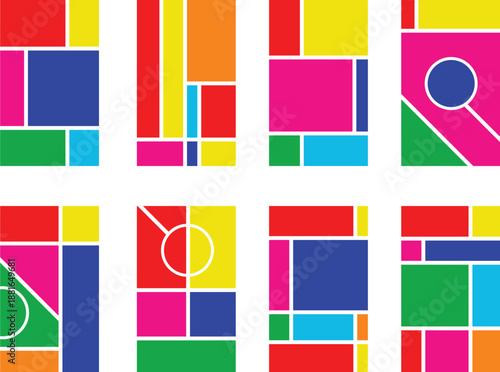 Colorful geometric tiles abstract pattern set with bold shapes and modern composition. Bright modular design elements suitable for branding, posters, packaging, web design and creative layouts.