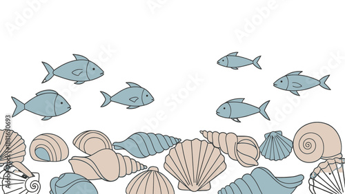 Illustration of fish swimming near colorful seashells on a white background viewed from the side