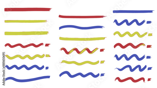 Abstract wavy lines and rectangles in red, blue, and yellow, arranged in three vertical panels, viewed from directly above with graphic elements.